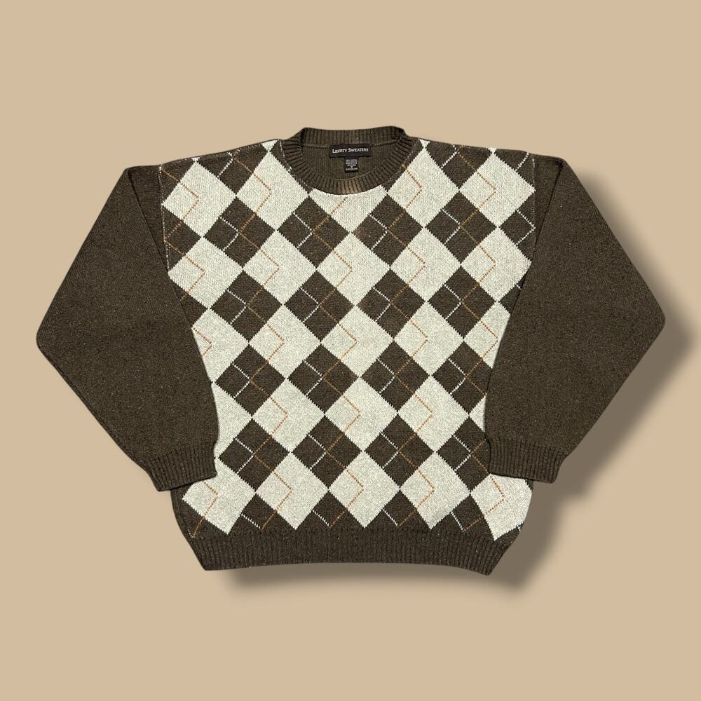 Vintage Argyle Sweater Diamond Knit Crewneck Pullover Golf Preppy Jumper Medium